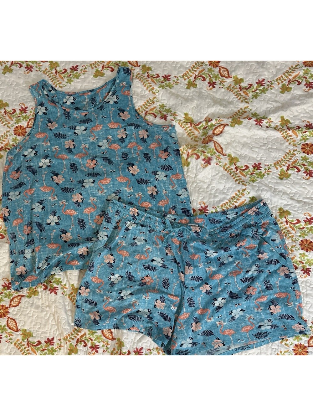 Croft Barrow 2 Pc Blue PJ Set Flamingo Coastal Print Shorts & Tank Pockets 2X